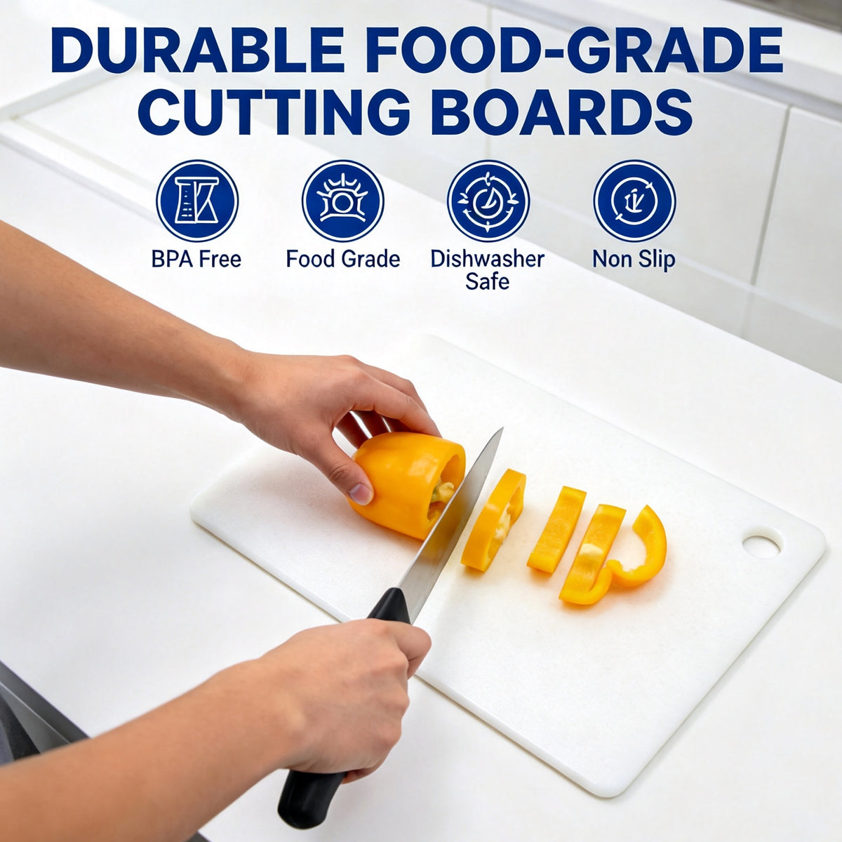 Amexiu Chopping boards for kitchen use, Dishwasher- Safe Plastic Chopping Board for Kitchen with Easy Grip Handle, White,11.81 x 17.81 in