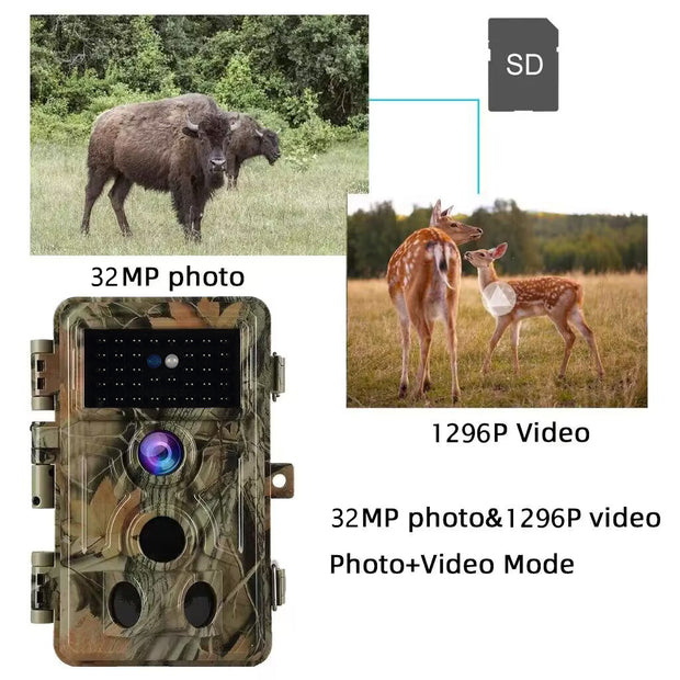 Stealthy Camo Trail Game Deer Camera for Observing Animals 32MP 1296P 0.1S Trigger Motion Activated Password Protected Waterproof Night Vision | A262