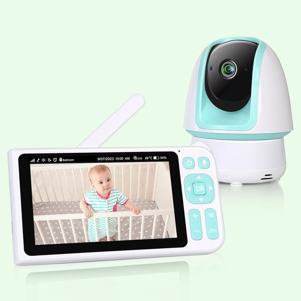 1080p FHD Baby Monitor with 5” Display, 3000ft Range, 2-Way Audio, Night Vision, Lullabies, 5000mAh Battery and Pan Tilt Zoom | B180 Cyan