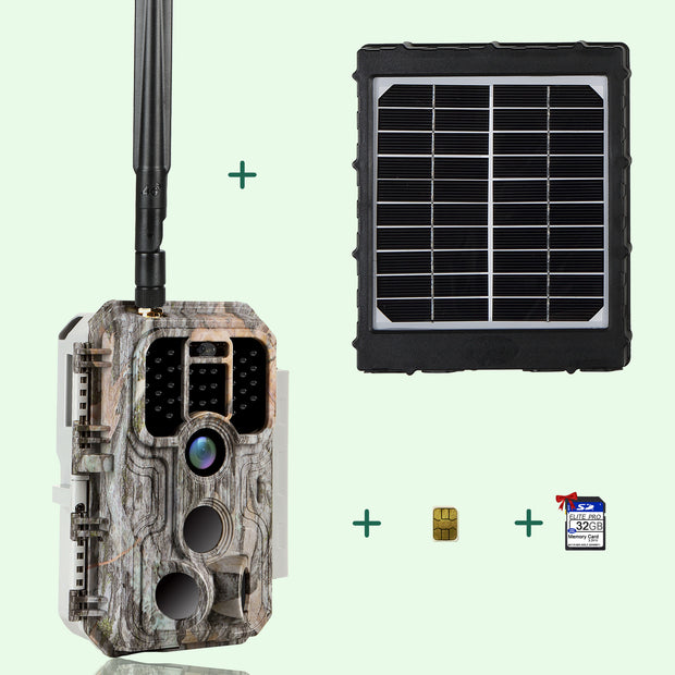Bundle 4G LTE Cellular Trail Camera 32MP 1296P with SIM Card & 32G SD and Solar Panel Sends Picture to Cell Phone