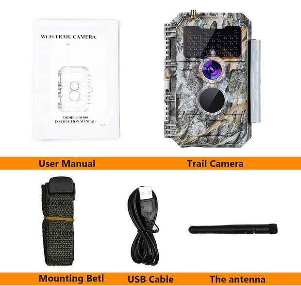 Bundle of Solar Panel and WiFi Game Camera 32MP 1296P Night Vision No Glow Motion Activated for Wildlife Observing, Home Security | W600 Brown