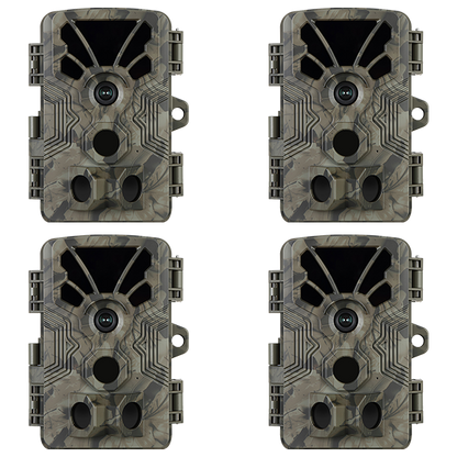 4-Pack Trail Camera 4K Video 64MP Photo with Audio, 100ft Night Vision Motion Activated Game Cam, 0.1s Trigger IP66 Waterproof for Wildlife Monitoring | A106 Oak Brown
