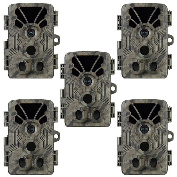 5-Pack Trail Camera 4K Video 64MP Photo with Audio, 100ft Night Vision Motion Activated Game Cam, 0.1s Trigger IP66 Waterproof for Wildlife Monitoring | A106 Oak Brown