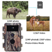 4-Pack Stealthy Camouflage Game Trail & Backyard Field Cameras 32MP 1296P No Glow Infrared Motion Activated Waterproof Photo and Video Model