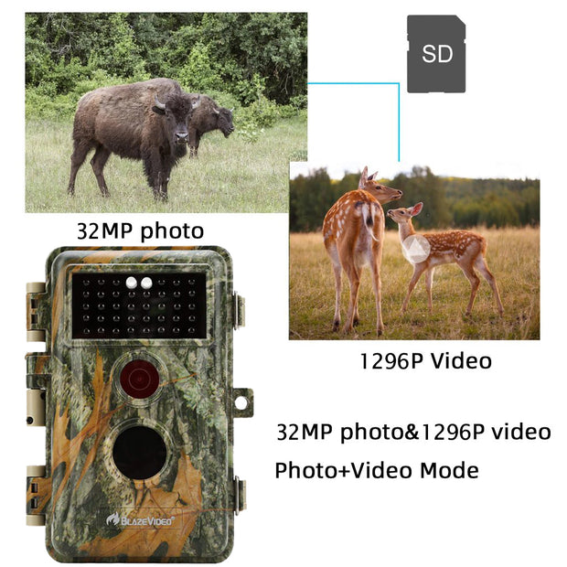 Trail Game Deer Camera Stealthy Camouflage for Wildlife Observing & Backyard Security 32MP 1296P Video Waterproof Night Vision Motion Activated | A252