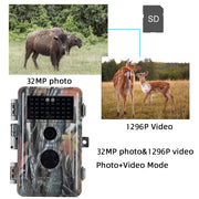 Camouflage Game Trail & Deer Observing Wildlife Camera HD 32MP 1296P Video Motion Activated No Glow Night Version IP66 Waterproof | A252