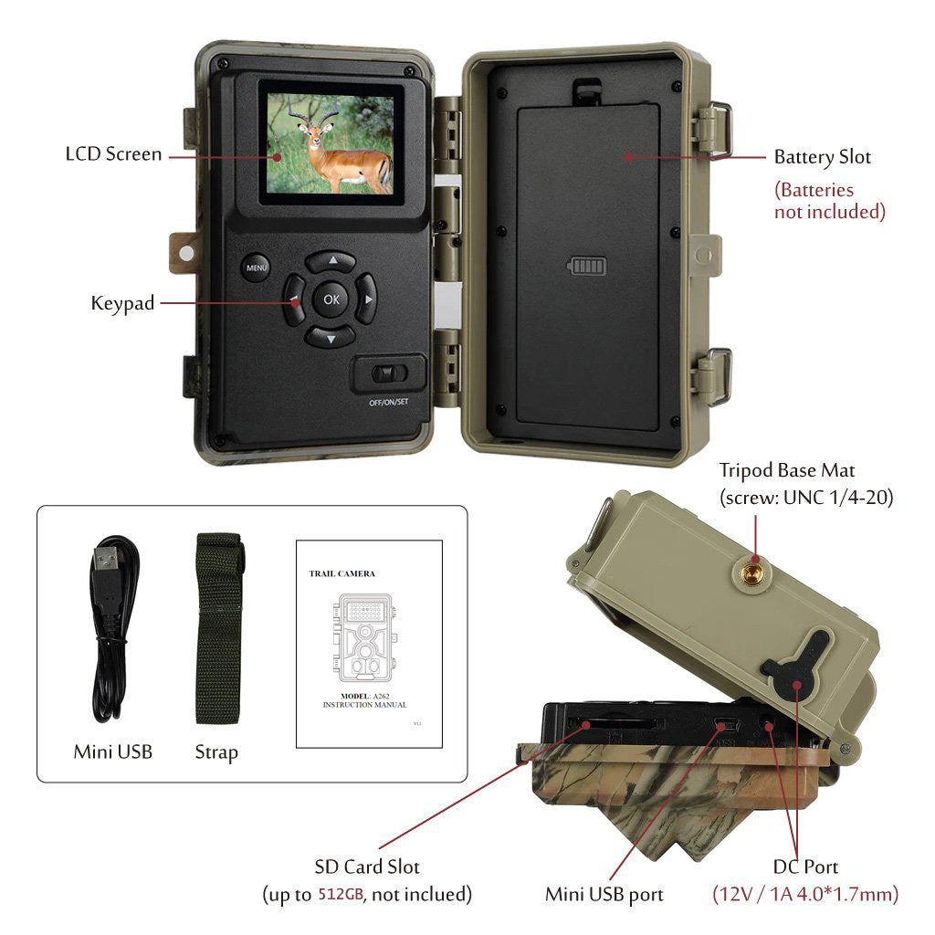 Stealthy Trail Game Cameras 64MP 1296P Video No Glow Motion Activated Waterproof  for Wildlife Deer Observation & Home Security  | A262 Matte Olive Drab
