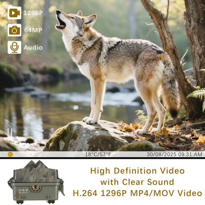 Trail Camera 4K Video 64MP Photo with Audio, 100ft Night Vision Motion Activated Game Cam, 0.1s Trigger IP66 Waterproof for Wildlife Monitoring | A106 Driftwood Bark