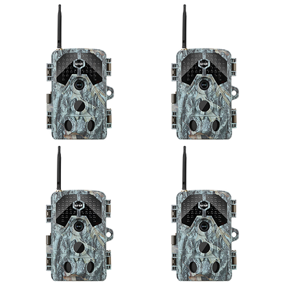 4-Pack WiFi Trail Camera 64MP 4K Video with 100ft No-Glow Night Vision, 0.1s Trigger Speed Waterproof Game Cam for Wildlife & Backyard Security | A106W Driftwood Bark