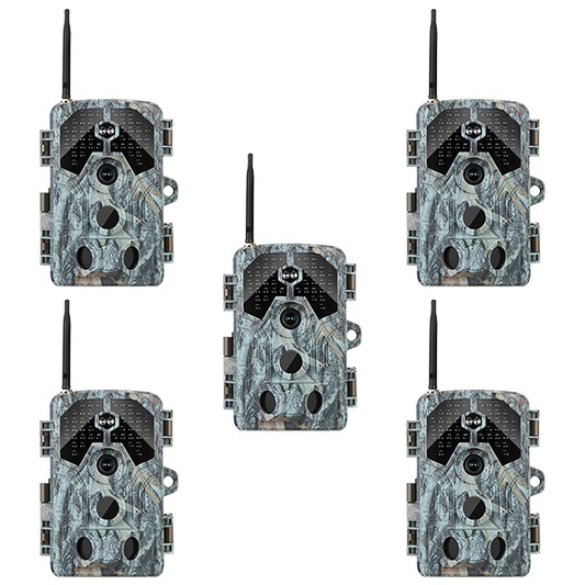 5-Pack WiFi Game & Trail Camera 64MP 4K Video with 100ft No-Glow Night Vision 0.1s Trigger Speed Waterproof for Wildlife & Backyard Security | A106W Driftwood Bark