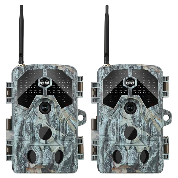 2-Pack WiFi Game & Trail Camera 64MP 4K Video with 100ft No-Glow Night Vision 0.1s Trigger Speed Waterproof for Wildlife & Backyard Security | A106W Driftwood Bark