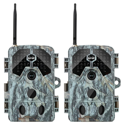 2-Pack WiFi Game & Trail Camera 64MP 4K Video with 100ft No-Glow Night Vision 0.1s Trigger Speed Waterproof for Wildlife & Backyard Security | A106W Driftwood Bark