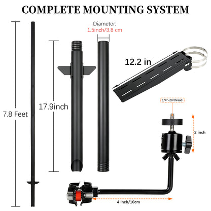 Solar Camera Mount Pole(7.8' Tall) for 5W-25W Panels, Steel Ground Stake
