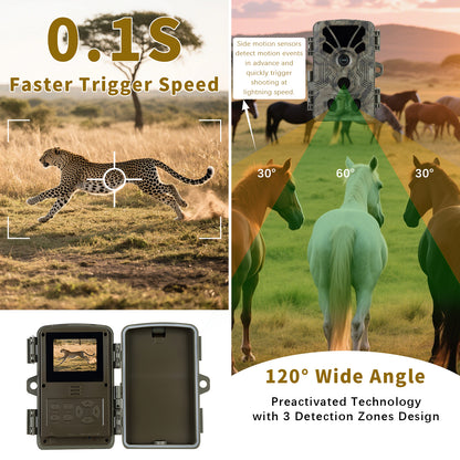 Trail Camera 4K Video 64MP Photo with Audio, 100ft Night Vision Motion Activated Game Cam, 0.1s Trigger IP66 Waterproof for Wildlife Monitoring | A106 Driftwood Bark