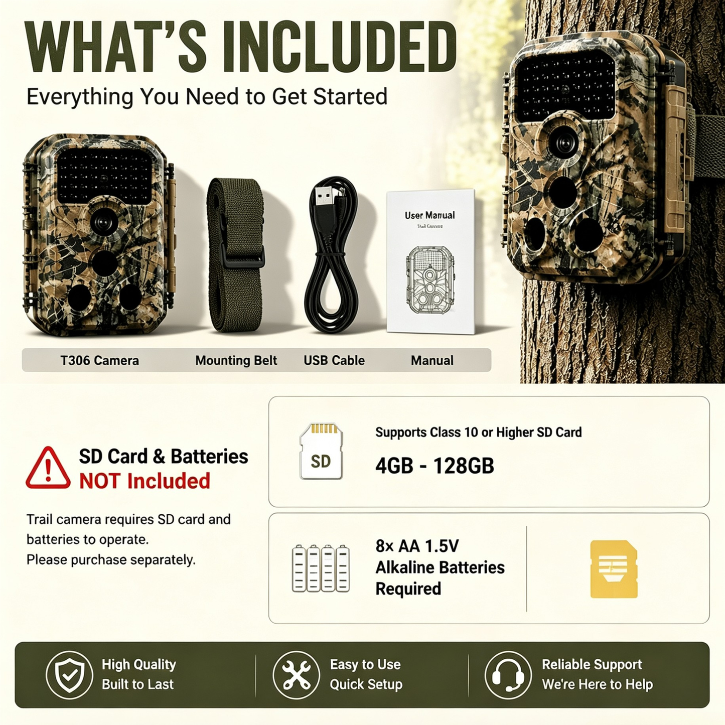 2-Pack Trail & Game Camera 64MP Photo 4K Video 100ft No-Glow Night Vision 0.1s Trigger Speed Waterproof for Wildlife Scouting | T306 Olive Green Camouflage