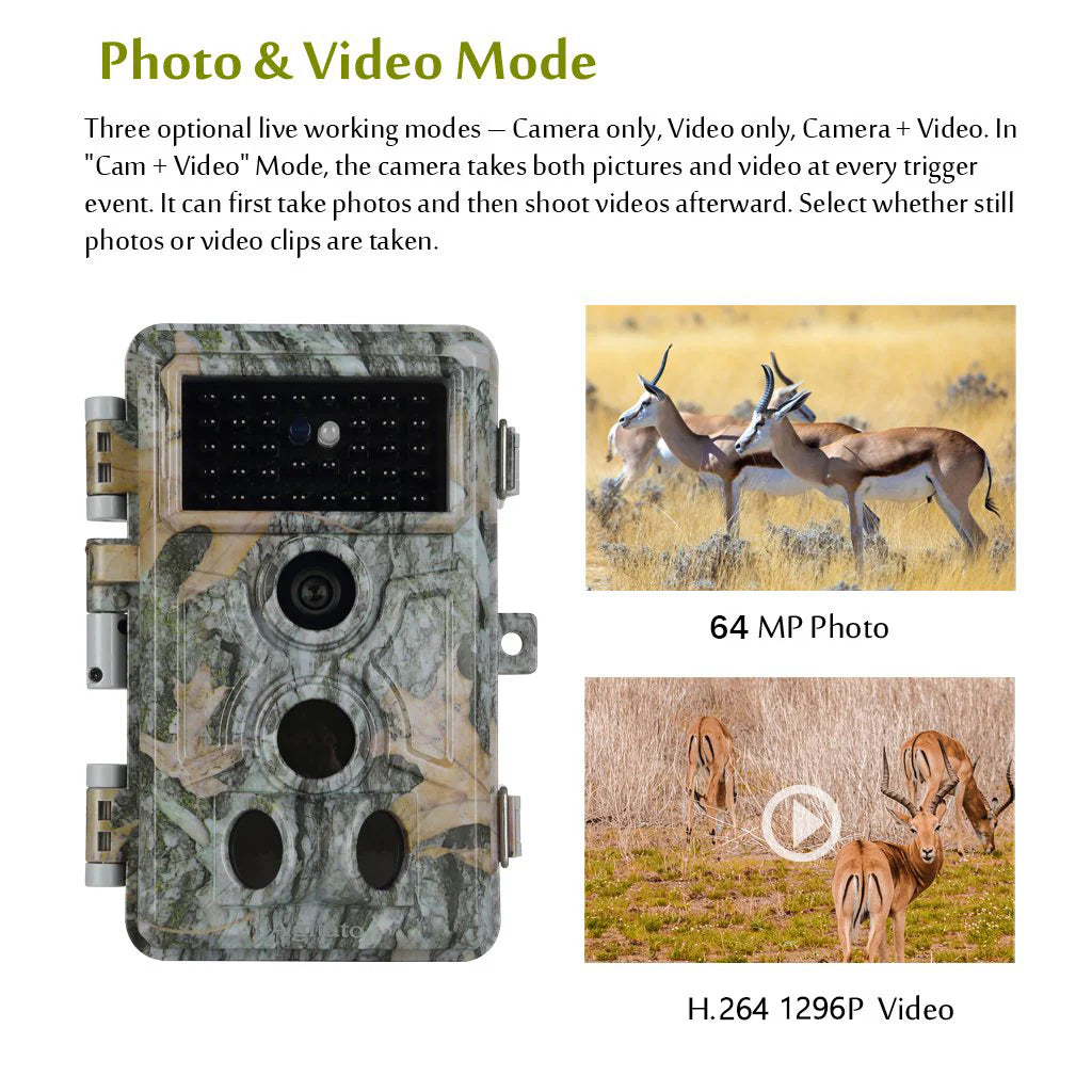 Trail Game Deer Camera Stealthy Camouflage No Glow for Observing 64MP 1296P 0.1S Trigger Time Motion Activated Waterproof Time Lapse Photo& Video | A262 Driftwood Bark