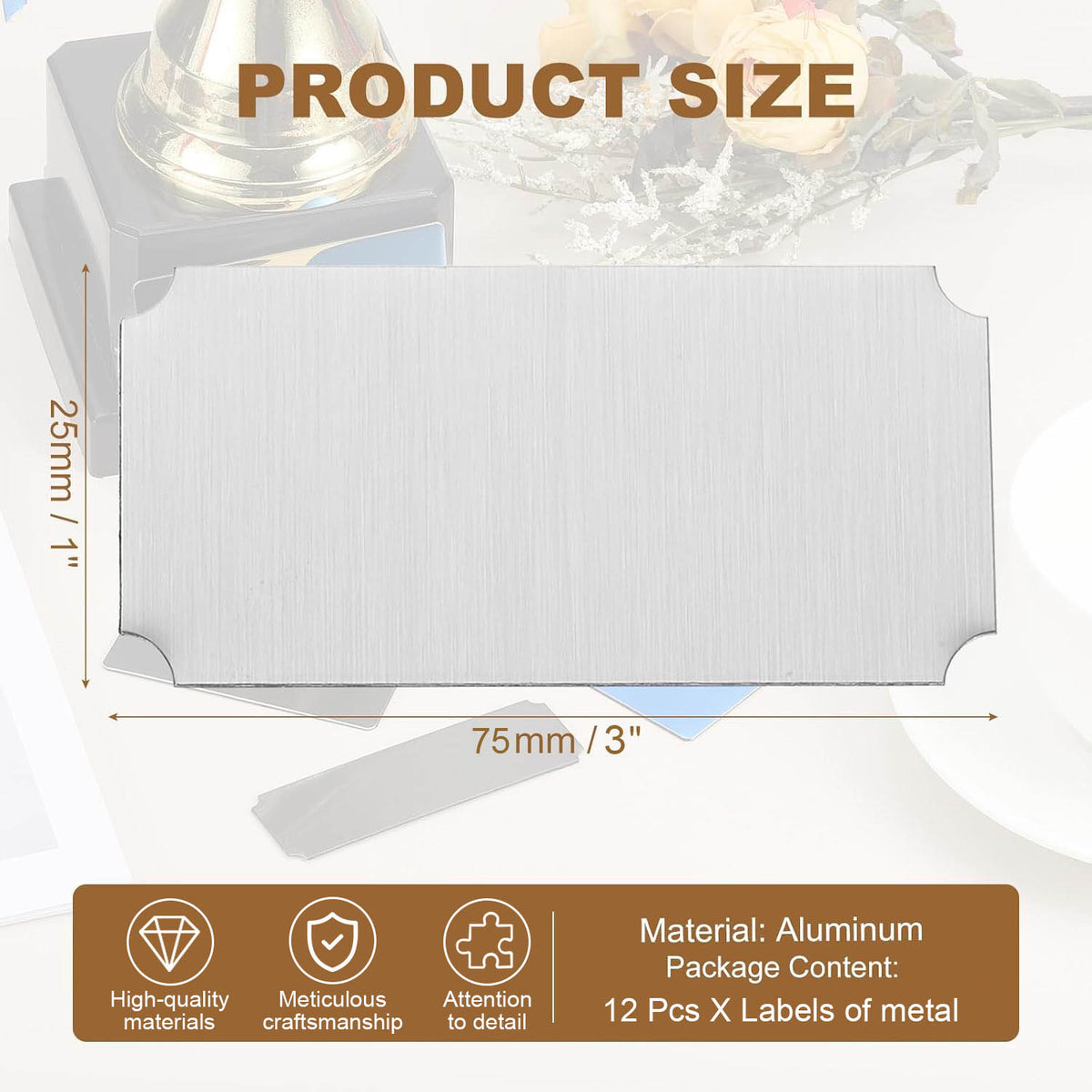 Afuven 12 Pcs Labels of metal, 3 x 1" Engraved Metal Tags for Signs DIY Crafts, Silver Notched Corner