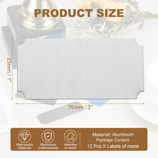 Afuven 12 Pcs Labels of metal, 3 x 1" Engraved Metal Tags for Signs DIY Crafts, Silver Notched Corner