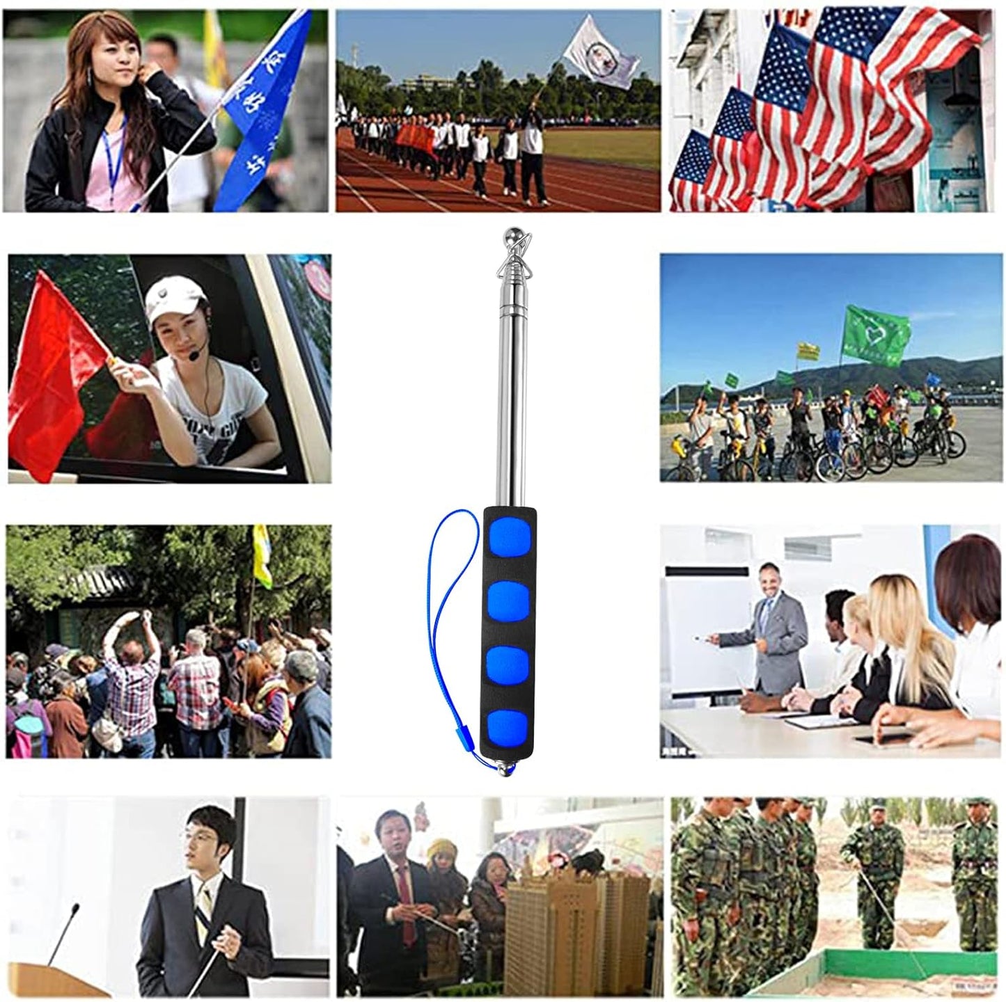 Afuven Hand-held Flagpoles of Metal with Clips, 5 Feet Thick Portable Stainless Steel Telescopic Banner Flag Pole - Tour Guide Flag Pole - Teaching Pointer Stick