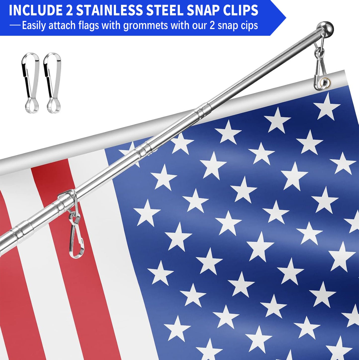 Afuven Hand-held Flagpoles of Metal with Clips, 5 Feet Thick Portable Stainless Steel Telescopic Banner Flag Pole - Tour Guide Flag Pole - Teaching Pointer Stick
