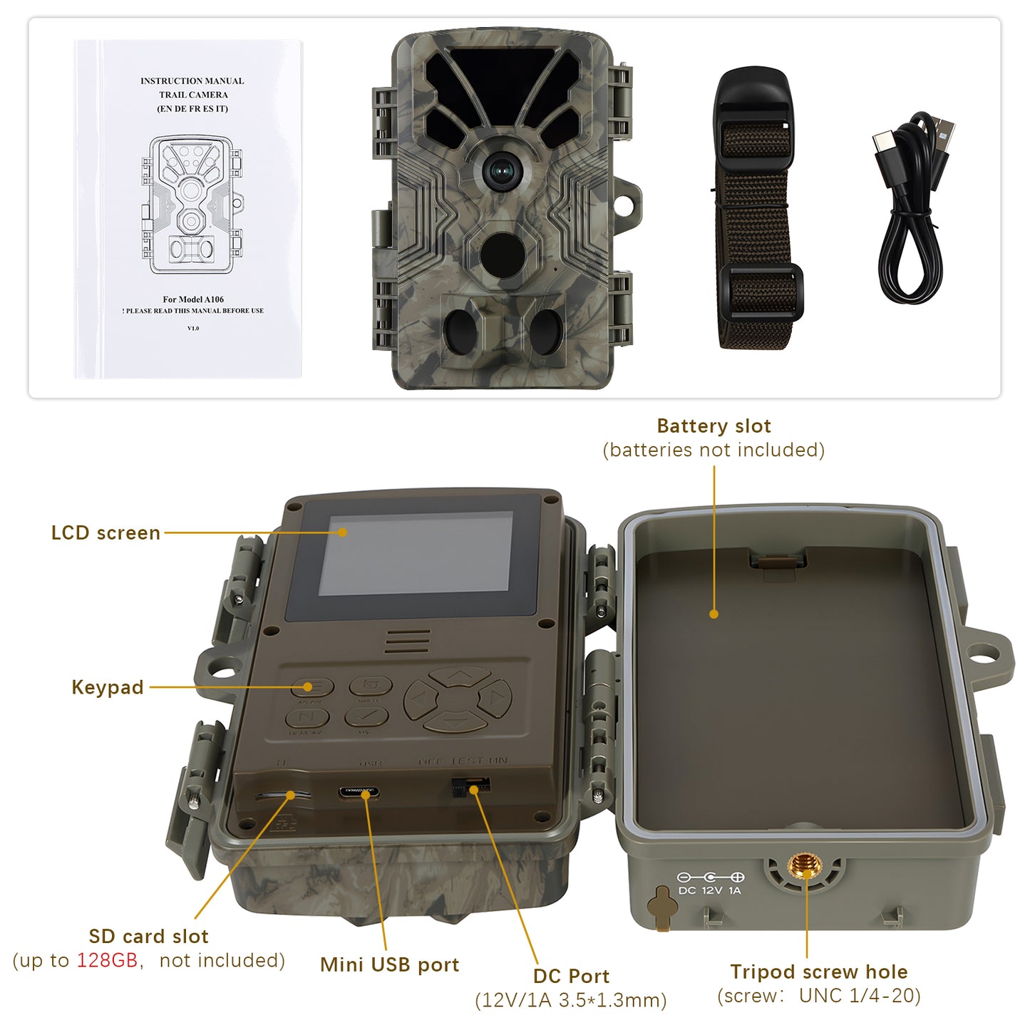 Trail Camera 4K Video 64MP Photo with Audio, 100ft Night Vision Motion Activated Game Cam, 0.1s Trigger IP66 Waterproof for Wildlife Monitoring | A106 Driftwood Bark