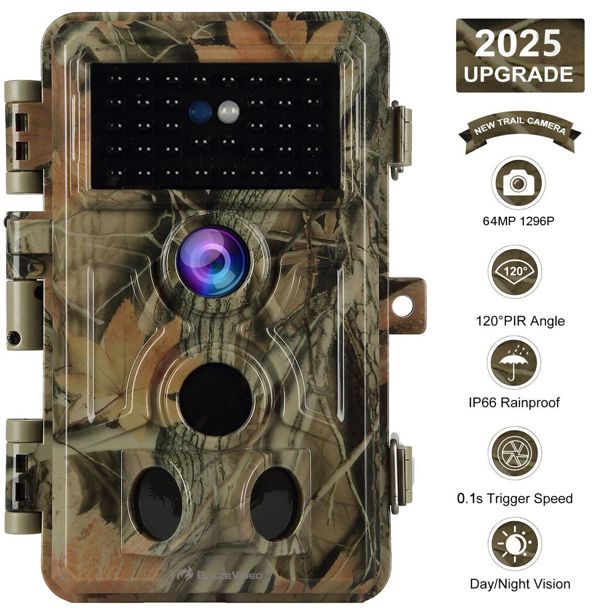 Camouflage trail camera with features listed on a white background