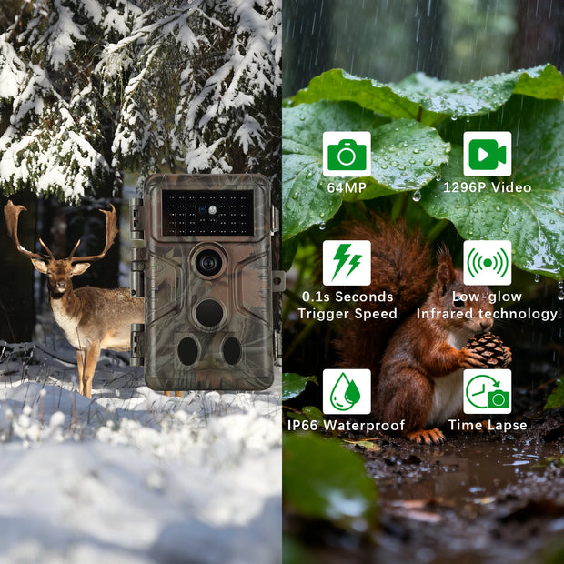 Trail Deer Camera 100ft Night Vision 64MP 1296P Motion Activated 0.1S Trigger Speed No Glow Waterproof for Wildlife Observing & Backyard Security A323