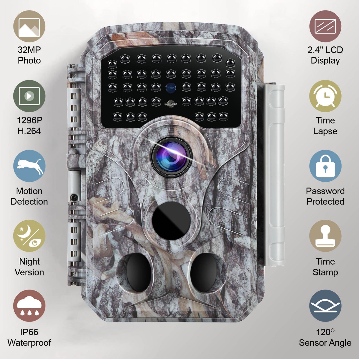 2-Pack 32MP Photo 1296P Video Trail Camera, 100ft Night Vision Game Cam, 0.1s Trigger Speed Waterproof for Backyard Security  | T306 Driftwood Bark