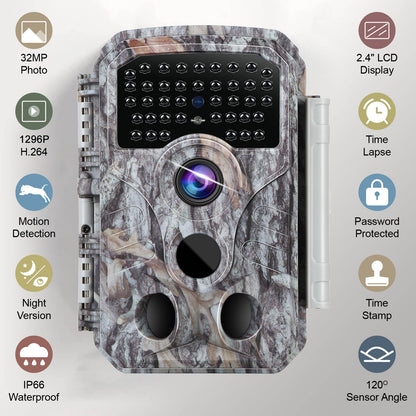 2-Pack 32MP Photo 1296P Video Trail Camera, 100ft Night Vision Game Cam, 0.1s Trigger Speed Waterproof for Backyard Security  | T306 Driftwood Bark