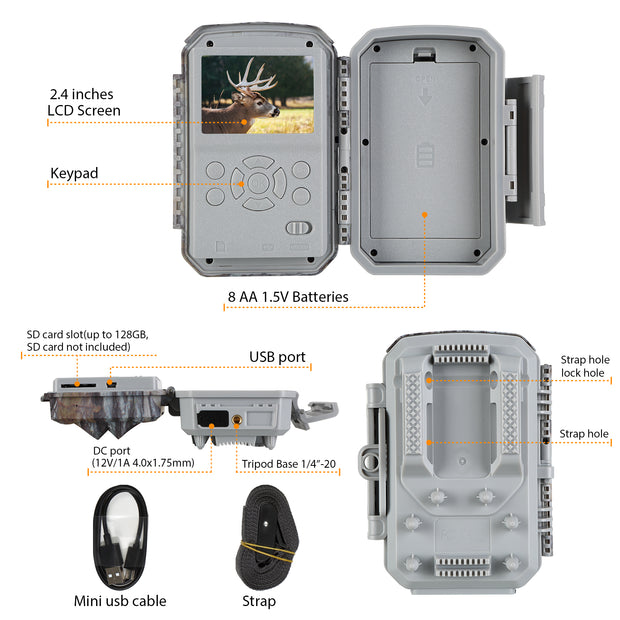 4K 2160P 30fps Video 32MP Photo Trail Camera with Audio and Motion Detector Night Vision Max. Distance up to 100ft, 0.1s Trigger Speed, Waterproof IP66 | T326 Grey