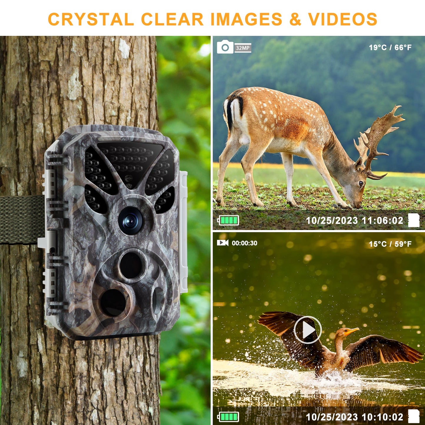 2-Pack 4K 30fps Video 32MP Photo Trail Camera, 100ft Night Vision Game Cam, 0.1s Trigger Speed IP66 Waterproof for Backyard Security |  T326 Driftwood Bark