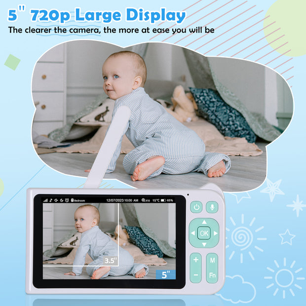 1080p FHD Baby Monitor with 5” Display, 3000ft Range, 2-Way Audio, Night Vision, Lullabies, 5000mAh Battery and Pan Tilt Zoom | B180 Blue