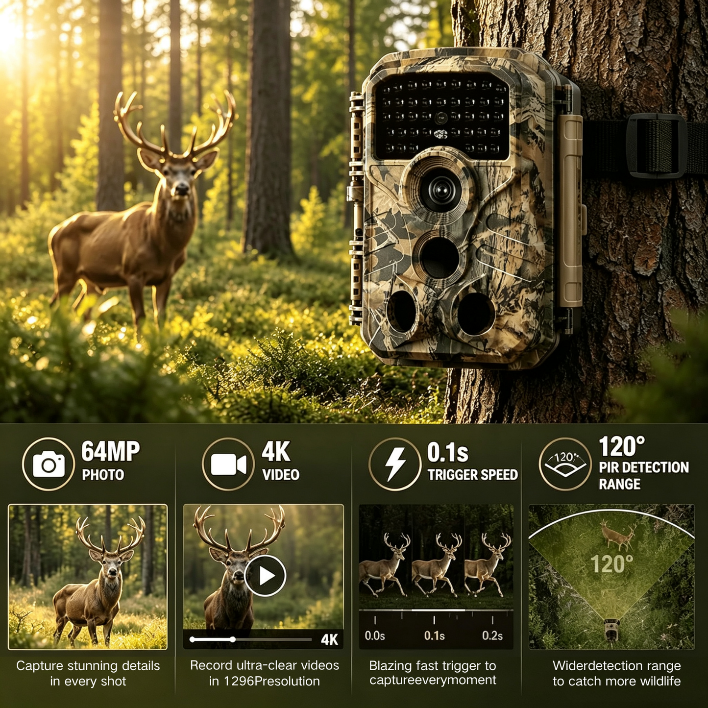 2-Pack Trail & Game Camera 64MP Photo 4K Video 100ft No-Glow Night Vision 0.1s Trigger Speed Waterproof for Wildlife Scouting | T306 Olive Green Camouflage