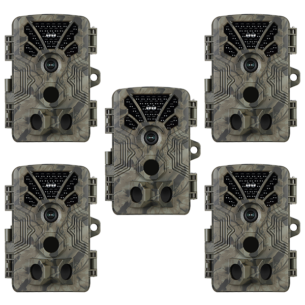 5-Pack Game & Trail Camera 4K Video 64MP Photo with Audio 100ft Night Vision Motion Activated 0.1s Trigger IP66 Waterproof for Wildlife Monitoring | A106 Oak Brown