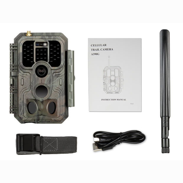 Bundle 4G LTE Cellular Trail Camera 32MP 1296P with SIM Card & 32G SD and Solar Panel Sends Picture to Cell Phone | A390G Red