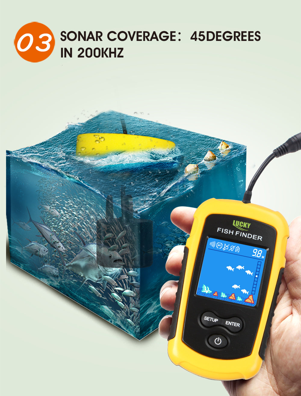 Portable Fish Finder Handheld Fish Finder Fish Location and Water Depth Sonar Sensor LCD Display for Lake/ice/kayak/shore/canoe fishing FFC1108-1