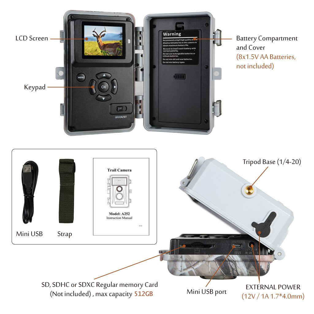 64MP 1296P Video Camouflage Game Trail & Deer Observing Wildlife Camera HD Motion Activated No Glow Night Version IP66 Waterproof | A252 Driftwood Bark