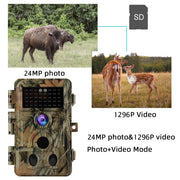 10-Pack Stealthy Camouflage Game & Deer Trail Wildlife Cameras 24MP 1296P Video Night Vision Motion Activated Waterproof Stand by Time Up to 6 Months