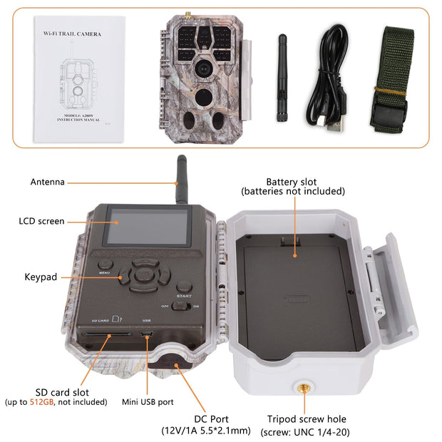 Bundle of Solar Panel and Bluetooth WIFI Trail Cameras 32MP 1296P with Night Vision Motion Activated Waterproof | A280W