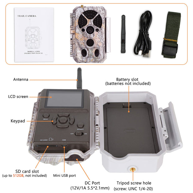 Bundle of Solar Panel and Bluetooth WIFI Game Camera 32MP Picture 1296P Video Black Flash Wildlife Cam Night Vision Motion Activated Waterproof | A350W