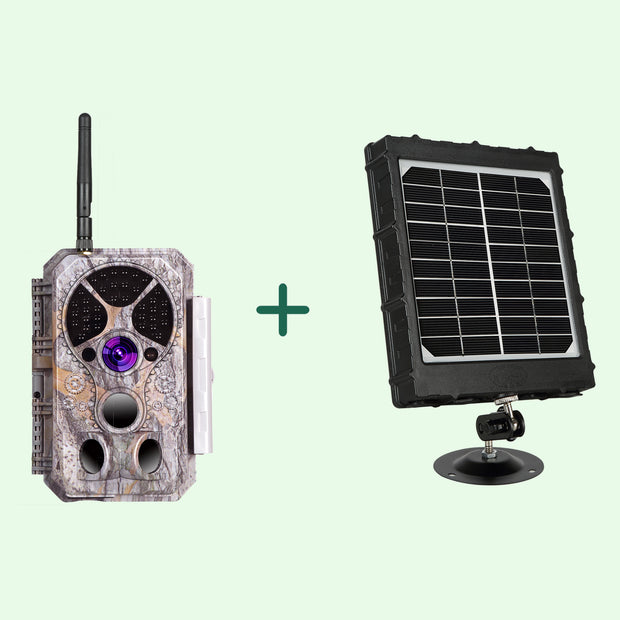 Bundle of Solar Panel and Bluetooth WIFI Game Camera 32MP Picture 1296P Video Black Flash Wildlife Cam Night Vision Motion Activated Waterproof | A350W