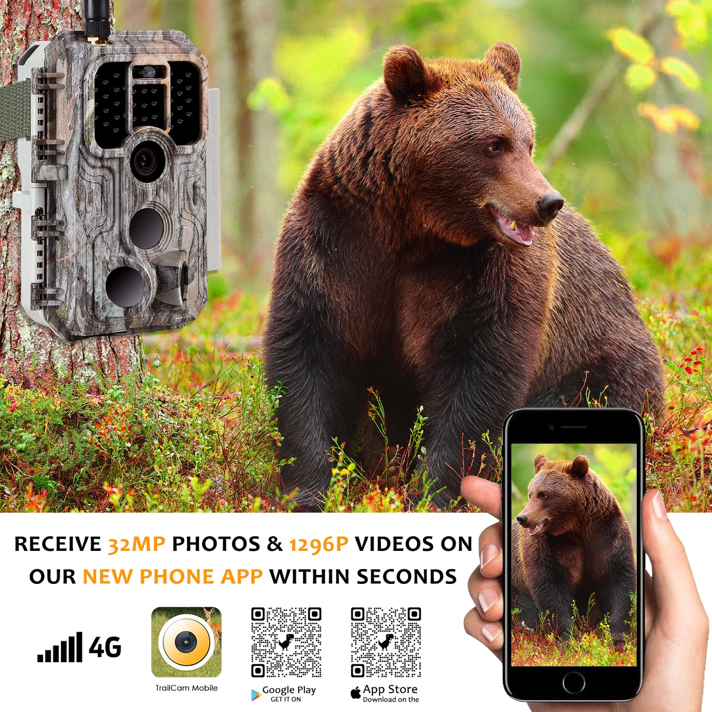 4G LTE Cellular 32MP 1296P Game & Trail Camera 32MP 1296P 100ft Night Vision Motion Activated Waterproof with SIM Card Sends Picture to Cell Phone | A390G Driftwood Bark