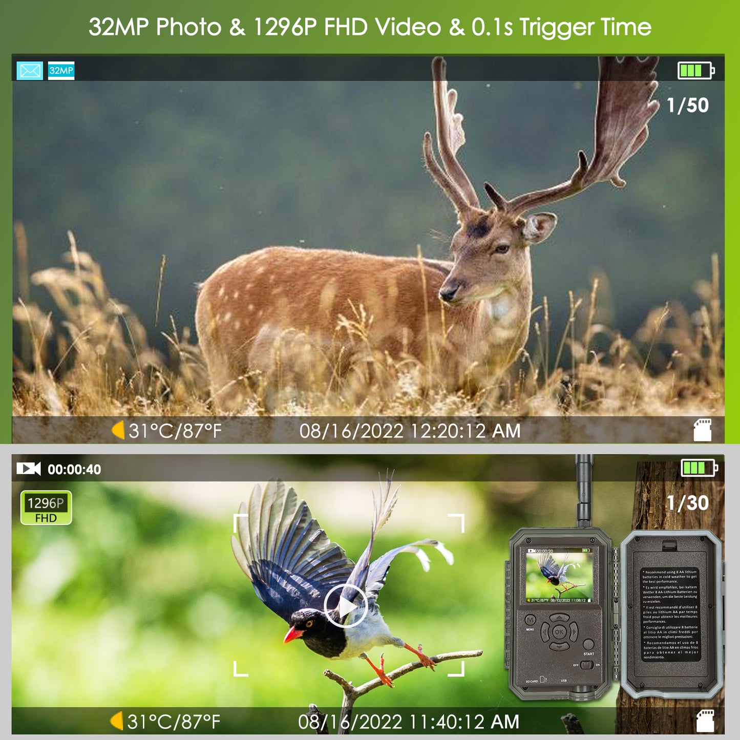 4G LTE Cellular 32MP 1296P Game & Trail Camera 100ft Night Vision Motion Activated Waterproof with SIM Card Sends Picture to Cell Phone | A390G Matte Olive Drab