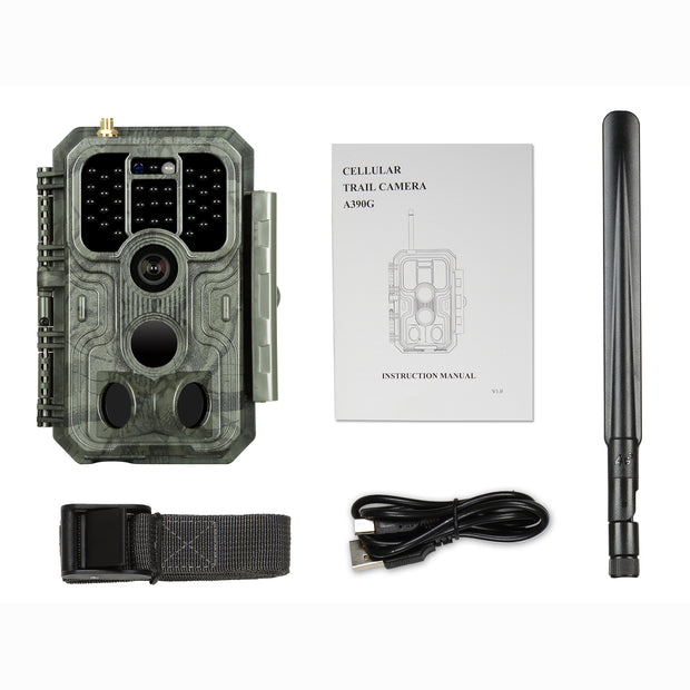 Bundle 4G LTE Cellular Trail Camera 32MP 1296P with SIM Card & 32G SD and Solar Panel Sends Picture to Cell Phone | A390G Green