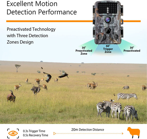 Wildlife Trail Camera with Low Glow Night Vision 0.3S Trigger Motion Activated 20MP 1296P IP65 Waterproof for Observing & home security | DL2Q