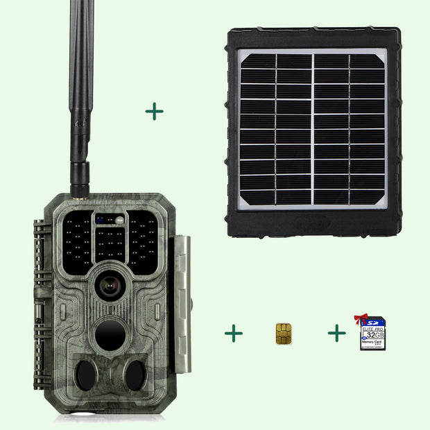 Bundle 4G LTE Cellular Trail Camera 32MP 1296P with SIM Card & 32G SD and Solar Panel Sends Picture to Cell Phone | A390G Green