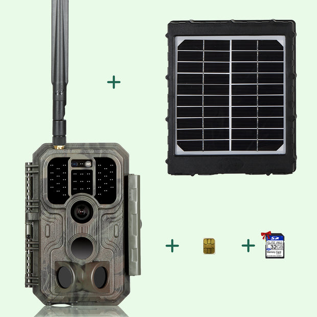 Bundle 4G LTE Cellular Trail Camera 32MP 1296P with SIM Card & 32G SD and Solar Panel Sends Picture to Cell Phone | A390G Red
