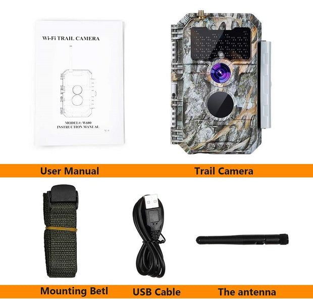 Bundle of Solar Panel and Bluetooth WiFi Trail Camera 32MP 1296P Night Vision No Glow Motion Activated for Wildlife Observing, Home Security | W600