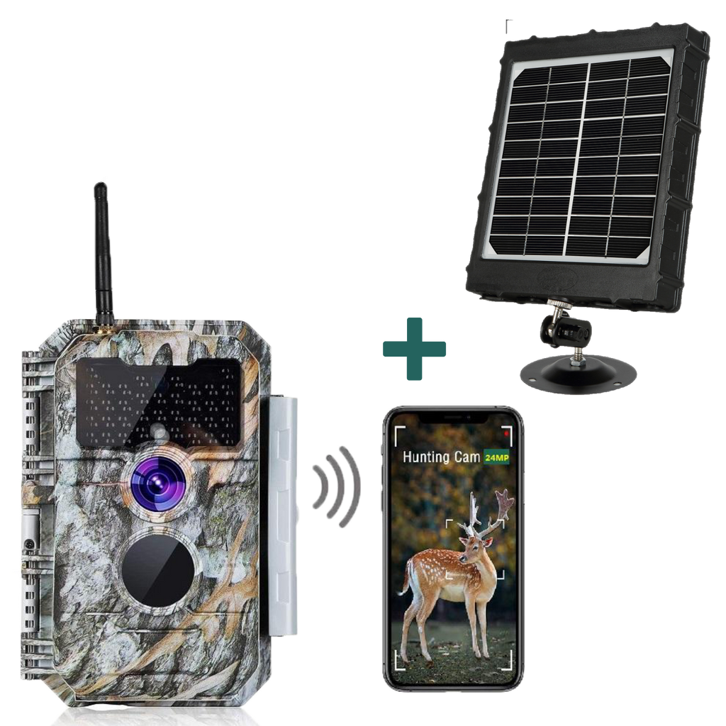 Bundle of Solar Panel and Bluetooth WiFi Trail Camera 64MP 1296P Night  Vision No Glow Motion Activated for Wildlife Observing, Home Security W600
