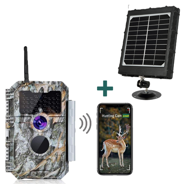 Bundle of Solar Panel and Bluetooth WiFi Trail Camera 32MP 1296P Night Vision No Glow Motion Activated for Wildlife Observing, Home Security | W600